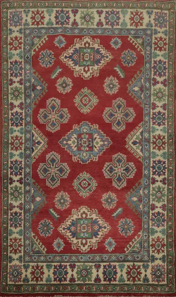 Lush Red Kazak Oriental Rug 4x6 with Detailed Geometric Motifs