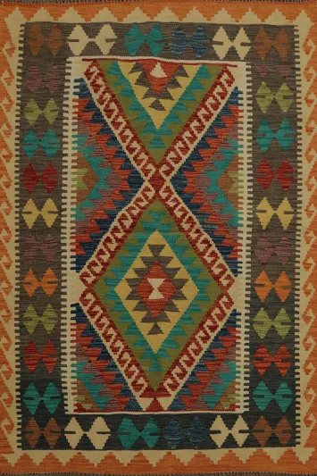 Intricate Multicolor Kilim Rug 4x6 Geometric Craftsmanship