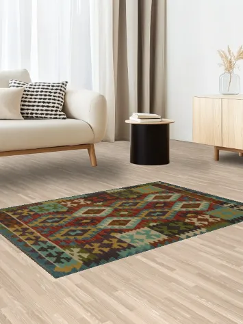 Dynamic Multicolor Kilim Rug 3x5 with Mesmerizing Patterns