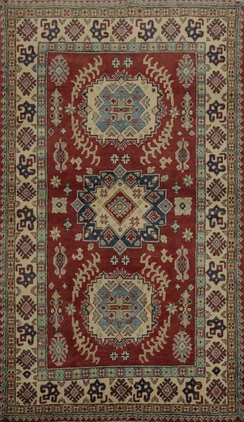 Elegant Kazak Oriental Rug 4x6 in Rich Red with Stylish Motifs