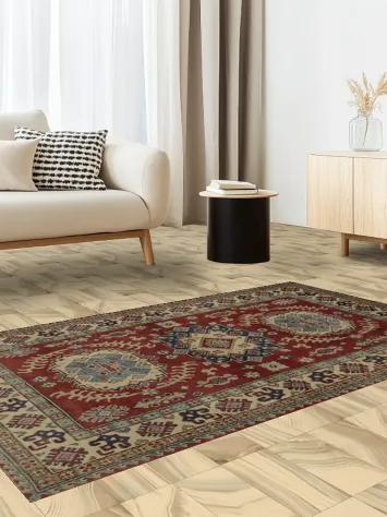 Elegant Kazak Oriental Rug 4x6 in Rich Red with Stylish Motifs