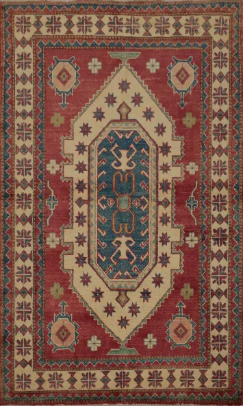Rustic Kazak Oriental Rug 4x5 with Artisanal and Elegant Motifs