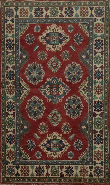 Classic Kazak Oriental Rug 4x6 in Deep Red and Blue Accents