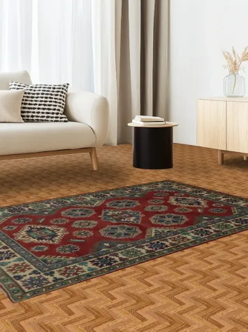 Classic Kazak Oriental Rug 4x6 in Deep Red and Blue Accents