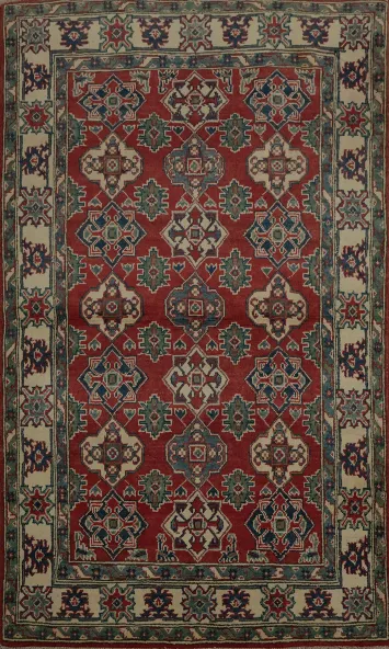 Elegant Red Geometric Kazak Oriental Rug 4x6 Timeless Style