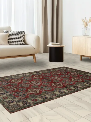 Elegant Red Geometric Kazak Oriental Rug 4x6 Timeless Style