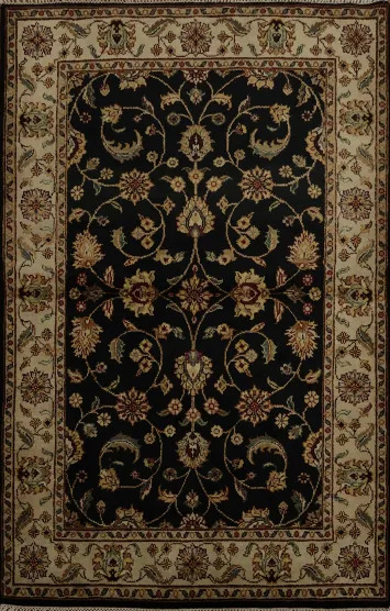 Classic Black Agra Oriental Rug 4x6 with Gold Embellishments