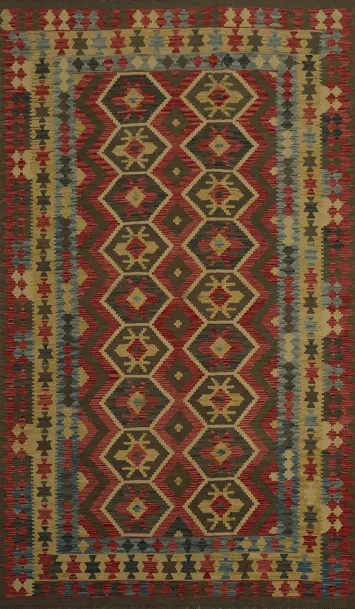 Intricately Woven Kilim Area Rug 7x10 with Geometric Rich Hues