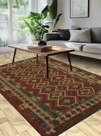 Intricately Woven Kilim Area Rug 7x10 with Geometric Rich Hues