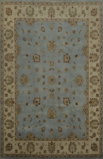 Inspired Oushak Large Rug 12x15 with Blue and Beige Motifs