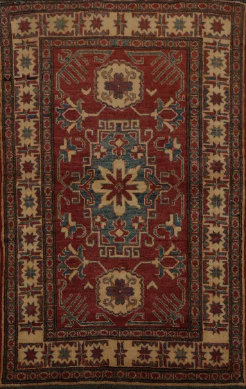 Artisan Crafted Super Kazak Rug 4x5 with Deep Red Colors