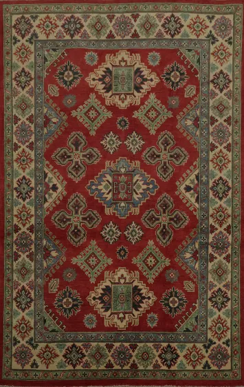 Handcrafted Bold Red Geometric Kazak Oriental Rug 5x7