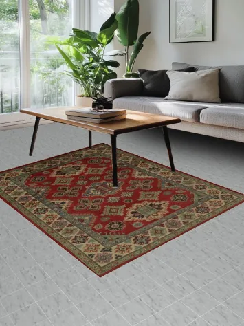 Handcrafted Bold Red Geometric Kazak Oriental Rug 5x7