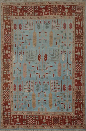 Handmade Red and Blue Oushak Area Rug 9x11 with Exquisite Motifs