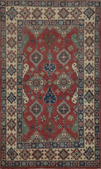 Classic Red Kazak Oriental Rug 4x6 with Geometric Design