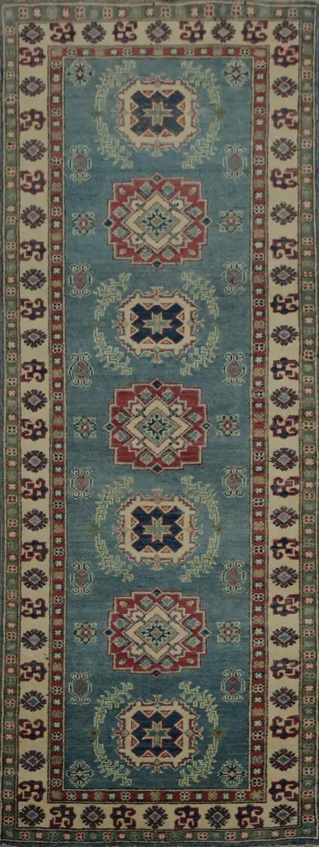 Wool Kazak Runner Rug 3x8 with Timeless Geometric Appeal