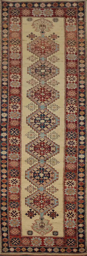 Exquisite Kazak Runner Rug 3x9 Intricate Geometric Patterns