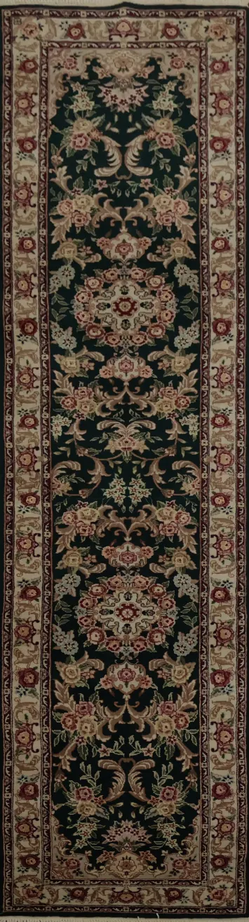 Dark Green Kashan Chinese Runner Rug 2x10 with Floral Motifs