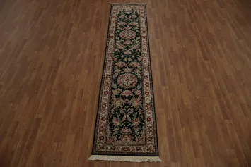 Dark Green Kashan Chinese Runner Rug 2x10 with Floral Motifs