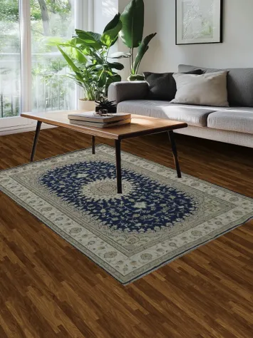 Intricate Floral Deep Blue Handmade Kashmir Area Rug 5x8