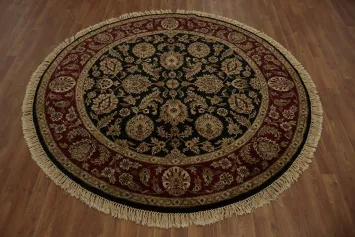 Luxurious Baroque Black and Burgundy Agra Round Rug 6x6