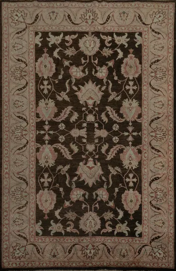 Traditional Dark Brown Peshawar Floral Pattern Rug with Vintage Charm 7x9