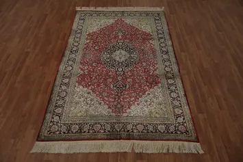 Luxurious Red and Cream Medallion Silk Turkish Rug 5x8