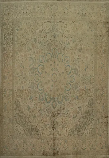 Timeless Beige and Blue Silk Kashmir Square Rug 7x7