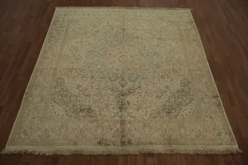 Timeless Beige and Blue Silk Kashmir Square Rug 7x7