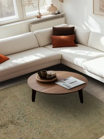 Timeless Beige and Blue Silk Kashmir Square Rug 7x7