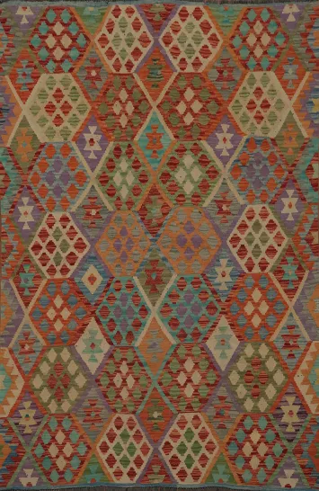 Traditional Handwoven Kilim Rug with Multicolored Hexagonal Designs 5x7