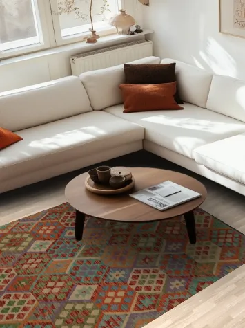 Traditional Handwoven Kilim Rug with Multicolored Hexagonal Designs 5x7