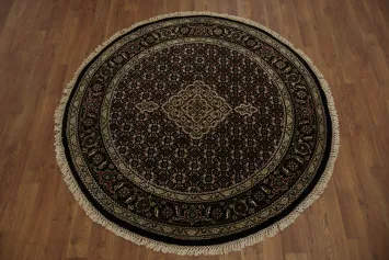 Luxury Traditional Tabriz Mahi Black Round Rug 4x4 ft