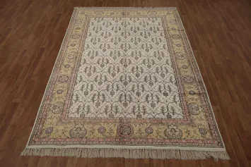 Luxury Pure Silk Kashmir Vintage Border Rug with Classic Floral Design 6x9
