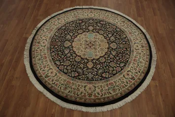 Elegant Black Round Tabriz Persian Rug with Traditional Floral Motifs 5x5 ft
