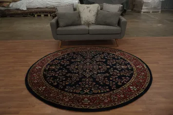Sophisticated Black and Red Round Hand-Made Agra Rug