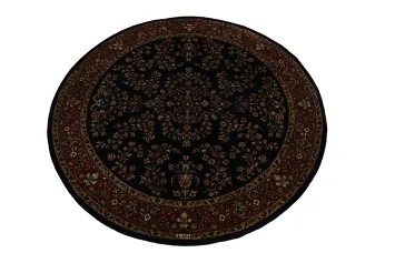 Sophisticated Black and Red Round Hand-Made Agra Rug