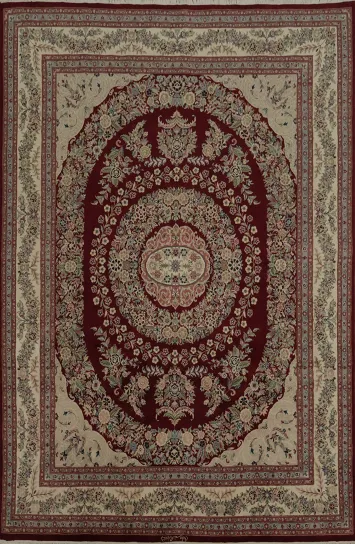 Elegant Floral Ivory and Burgundy Aubusson Traditional Area Rug 8x10