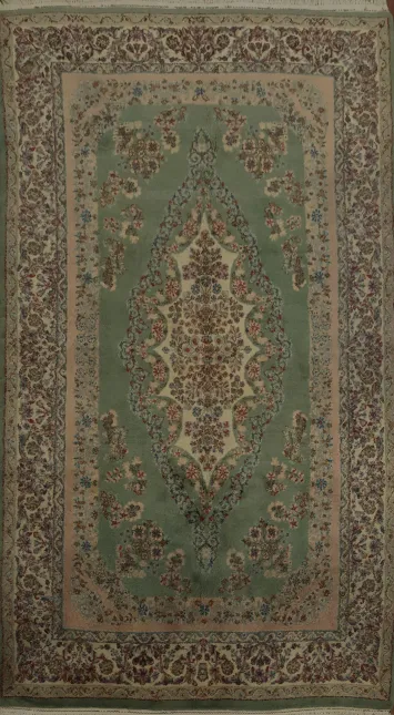 Traditional Green and Beige Vintage Kerman Persian Rug with Charming Floral Accents 5x8