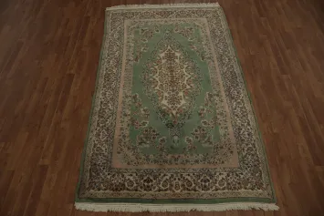 Traditional Green and Beige Vintage Kerman Persian Rug with Charming Floral Accents 5x8