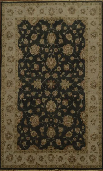 Luxurious Floral Peshawar Black Rug with Elegant Cream Border Design 6x9