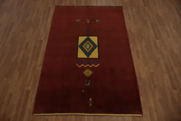 Rich Red Toned Gabbeh Area Rug with Elegant Geometric Patterns 5x8