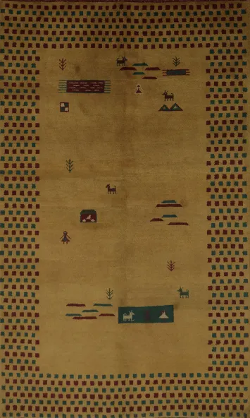 Stylish Gold Gabbeh Area Rug Featuring Minimalistic Geometric Elements 6x8