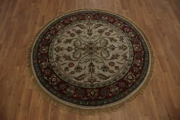 Classic Red and Taupe Beige Round Rug with Exquisite Detailed Motifs 4x4