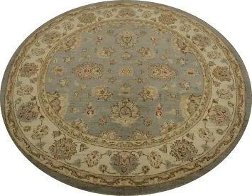 All-Over Floral Light Blue and Beige Peshawar Round Rug 5x5 ft