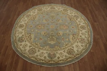 All-Over Floral Light Blue and Beige Peshawar Round Rug 5x5 ft