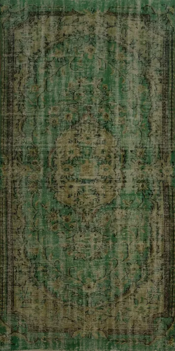 Elegant Vintage Green Distressed Turkish Rug Classic Patterns