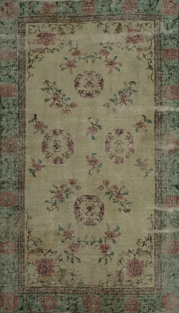 Vintage Floral Elegance: Turkish Distressed Rug 4x6