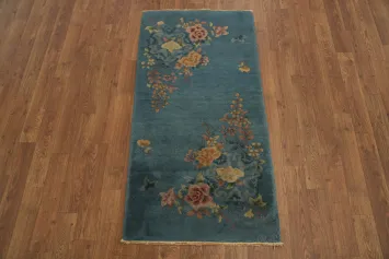 Vintage Blue Floral Art Deco Chinese Rug 2x4