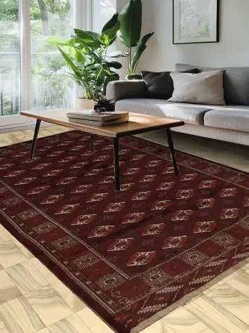 Diamond Patterned Burgundy Bokhara Turkoman Rug in Deep Rich Shades 7x11